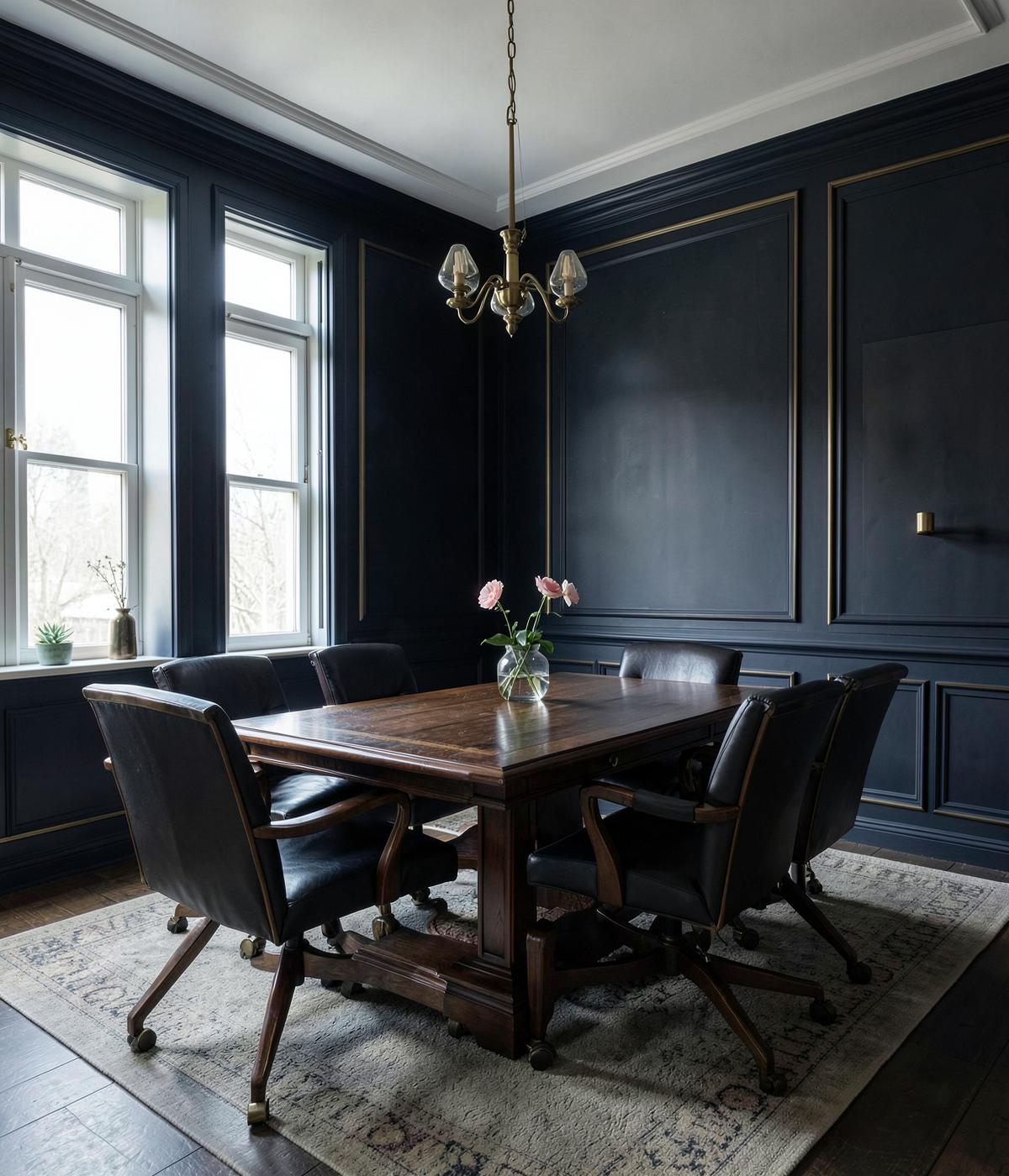 Sala de reuniões do escritório em tons de azul marinho e detalhes dourados